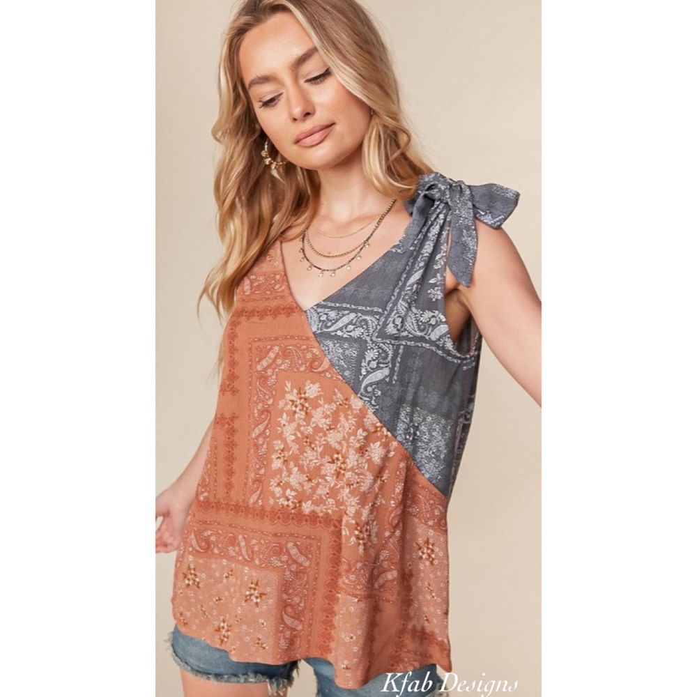 LAST 1! V Neck Boho Color Block Ruffle Woven Top! - Picture 5 of 9